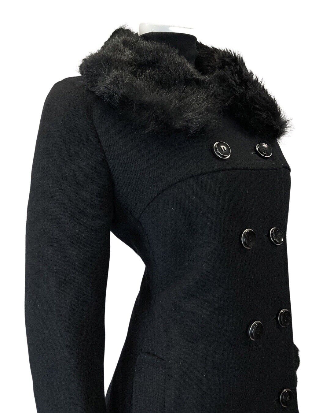 VINTAGE 60s 70s JET BLACK FAUX FUR DOUBLE BREASTED WOOL PRINCESS COAT 12