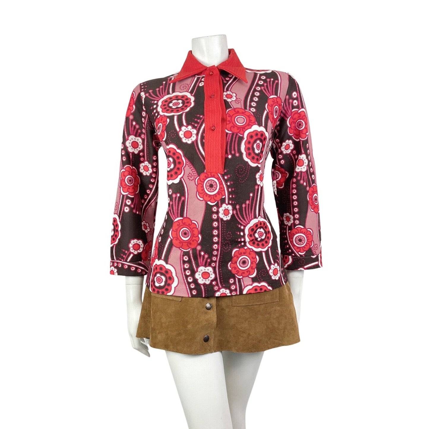 VINTAGE 60s 70s PINK RED BROWN FLORAL PSYCHEDELIC MOD DAGGER COLLAR BLOUSE 12 14