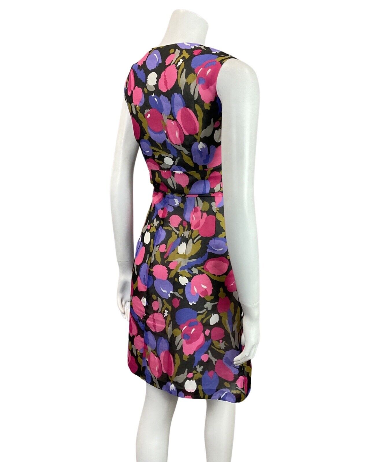 VINTAGE 60s 70s PURPLE PINK BLACK TULIP FLORAL SLEEVELESS MOD SHORT DRESS 10 12