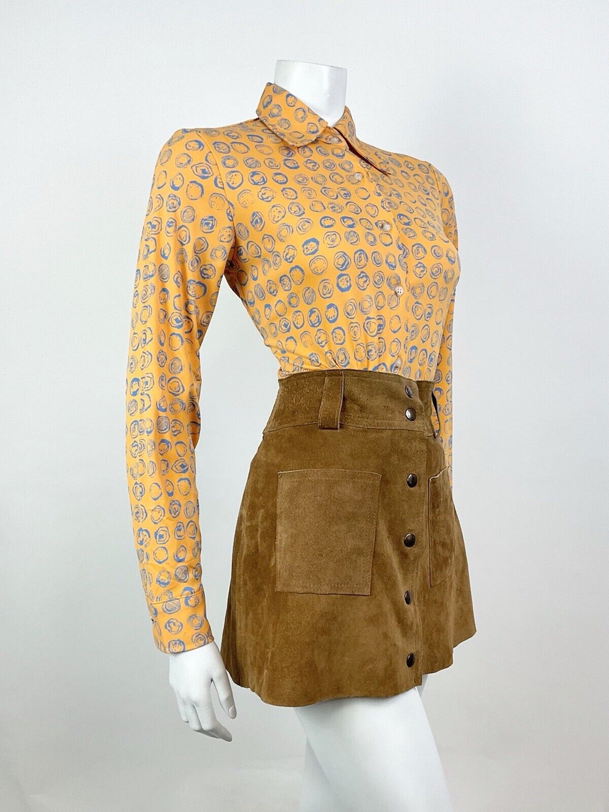 VINTAGE 60s 70s ORANGE BLUE PSYCHEDELIC CIRCLE DOTTY DAGGER SHIRT BLOUSE 8 10