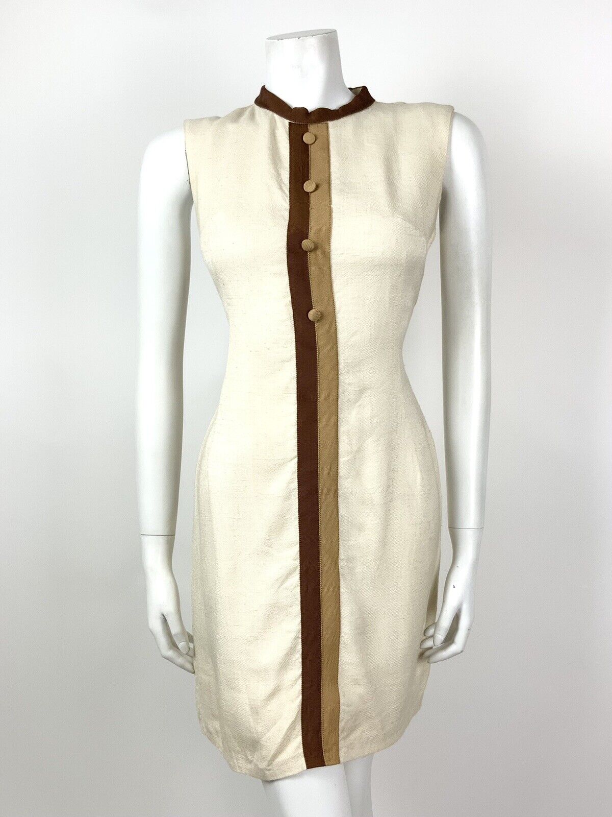 VINTAGE 60s 70s CREAM BROWN STRIPED MOD SLEEVELESS SHIFT DRESS 10