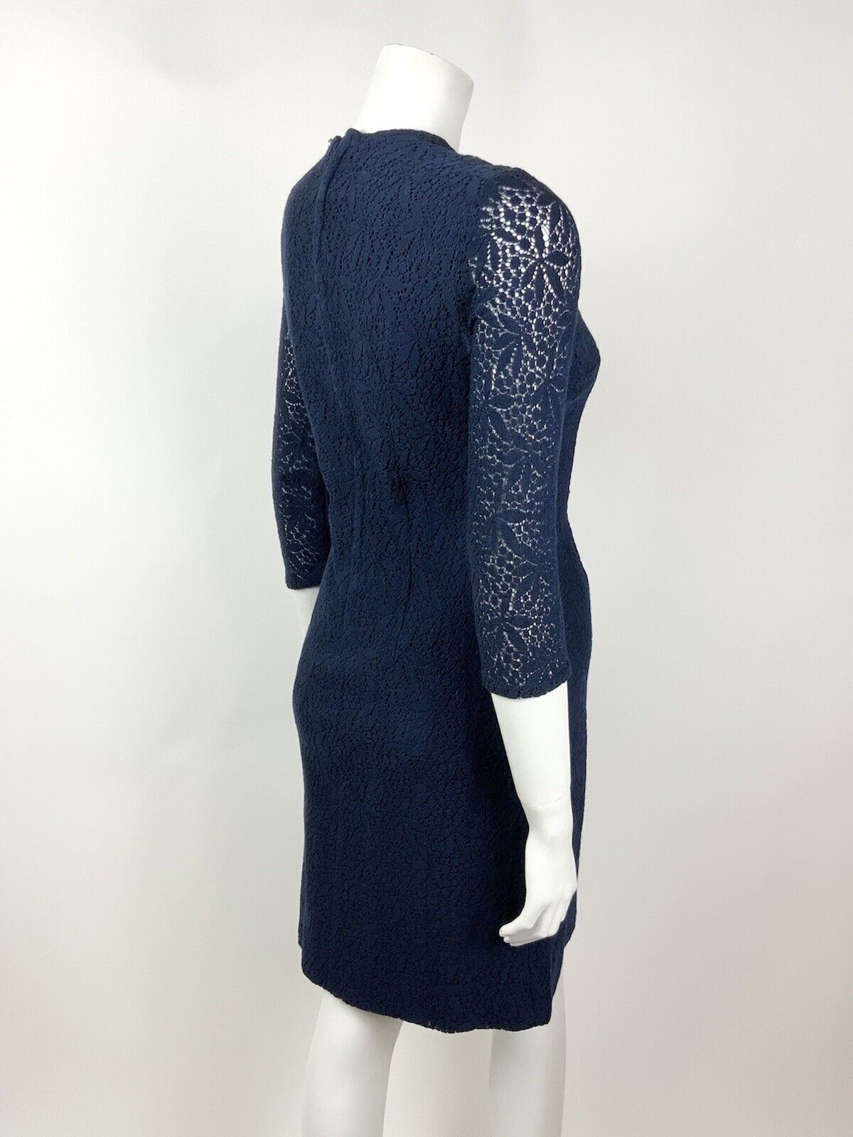 VINTAGE 60s 70s NAVY BLUE FLORAL LACE MOD PENCIL DRESS 12 14