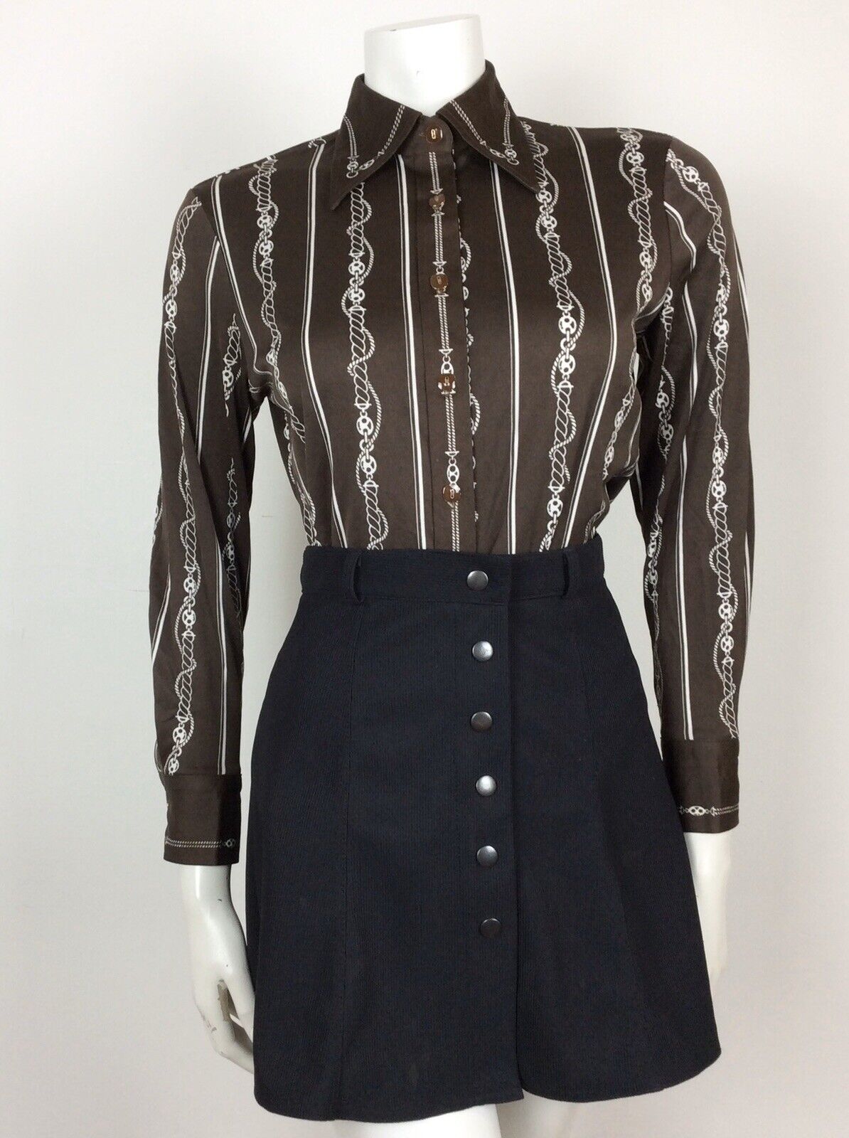70s VTG BROWN DAGGER COLLAR ROPE CHAIN PRINT SHIRT BLOUSE 10 12