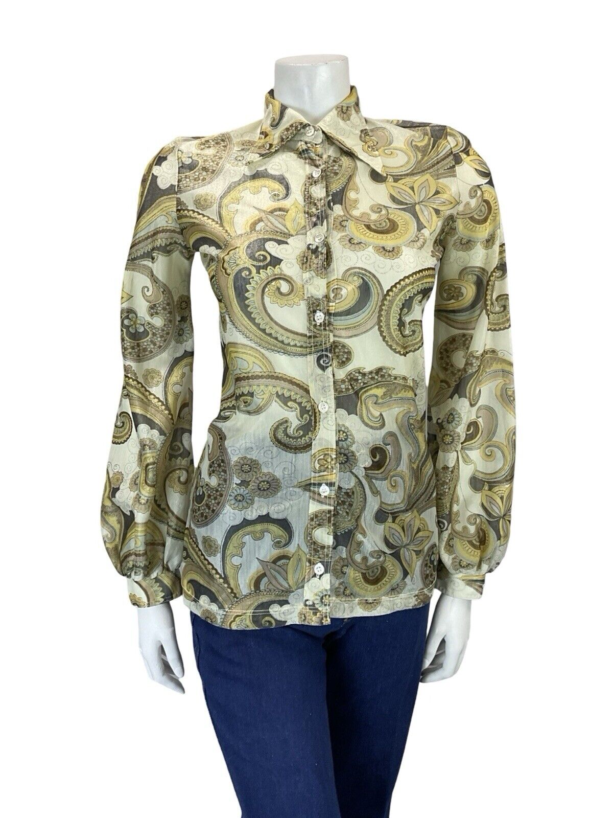 VTG 60S 70S CREAM YELLOW BLACK PSYCHEDELIC SHIMMERY DAGGER COLLAR PARTY SHIRT 6