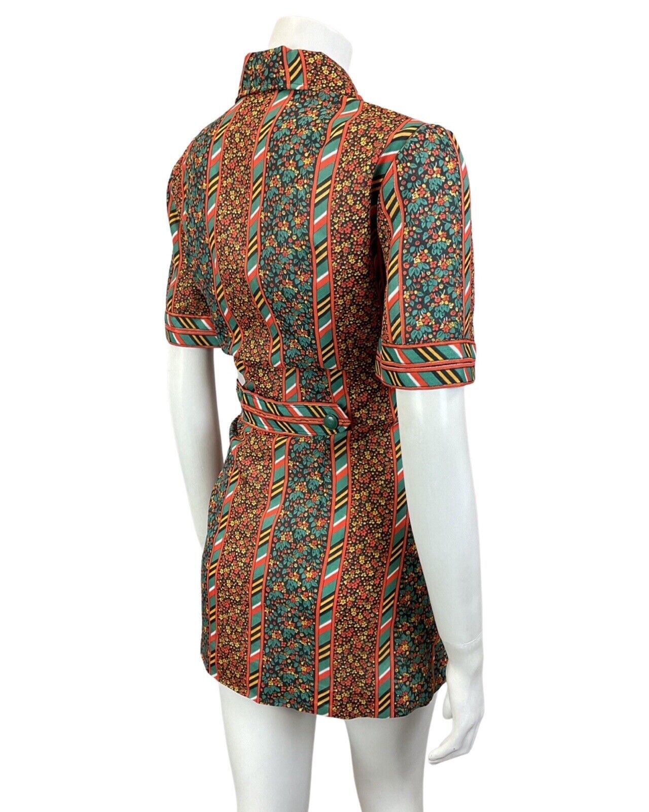 VINTAGE 60s 70s GREEN RED BLACK FLORAL DITSY STRIPED FOLK MOD SHIRT DRESS 12 14