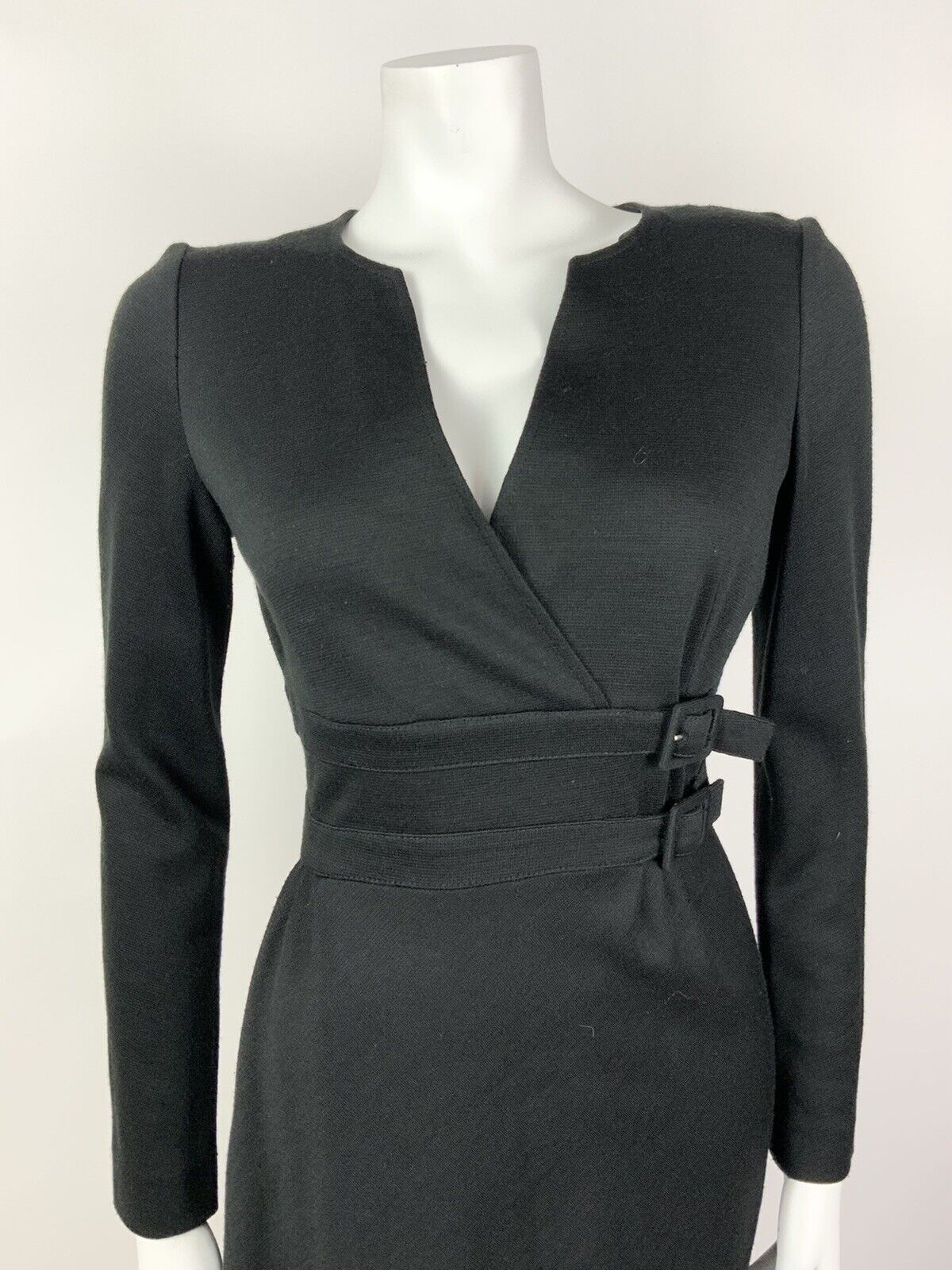 VINTAGE 60s 70s BLACK V-NECK BUCKLE BELT MOD DRESS 10 12