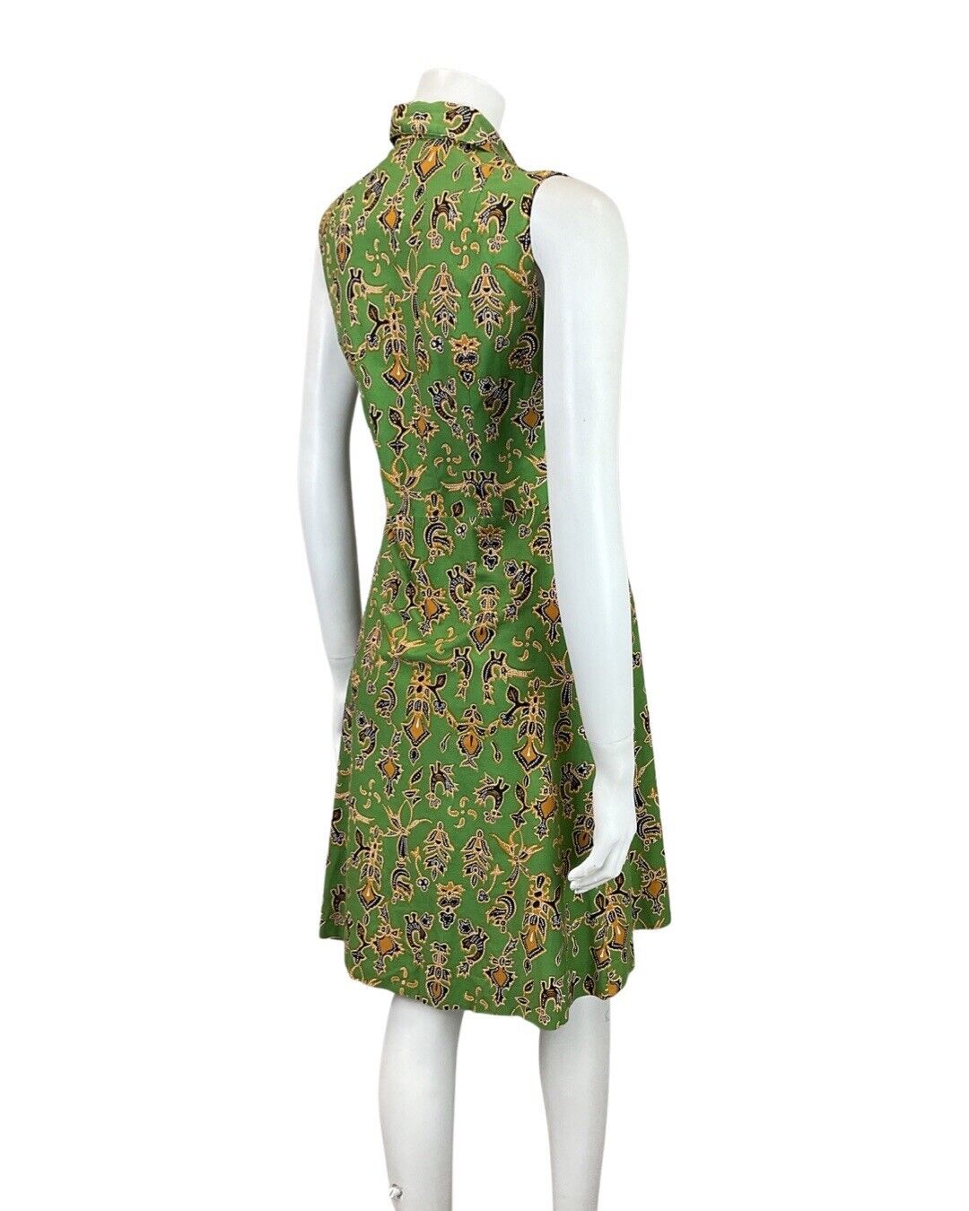 VINTAGE 60s 70s GREEN BLACK GOLD ABSTRACT FLORAL MOD DAGGER SHIRT DRESS 8 10