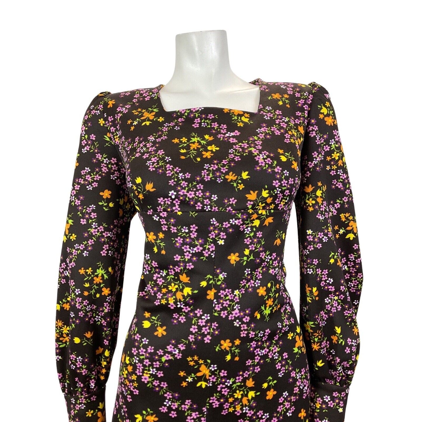 VINTAGE 60s 70s BROWN PURPLE GREEN FLORAL DITSY CHECKED EMPIRE LINE MOD DRESS 16