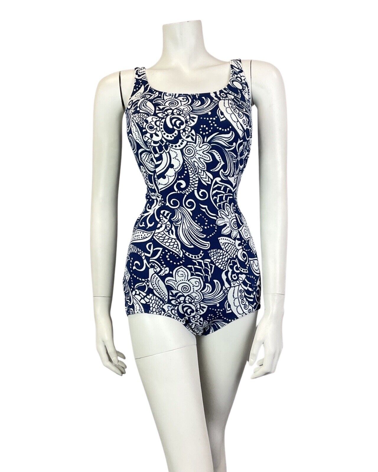 VINTAGE 60s 70s NAVY BLUE WHITE PSYCHEDELIC PAISLEY FLORAL SWIMSUIT BODYSUIT 10