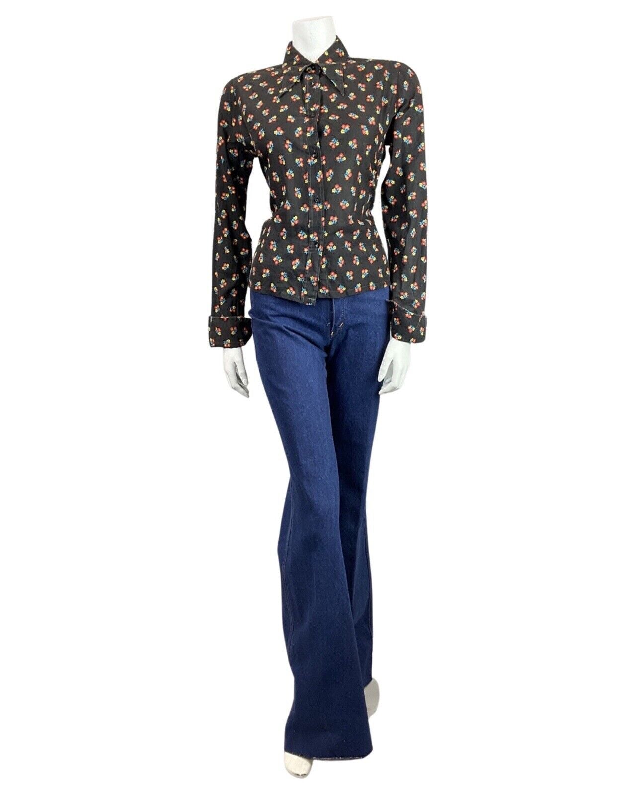 VINTAGE 60s 70s BLACK RED YELLOW FLORAL DAISY DITSY MOD DAGGER SHIRT 10 12