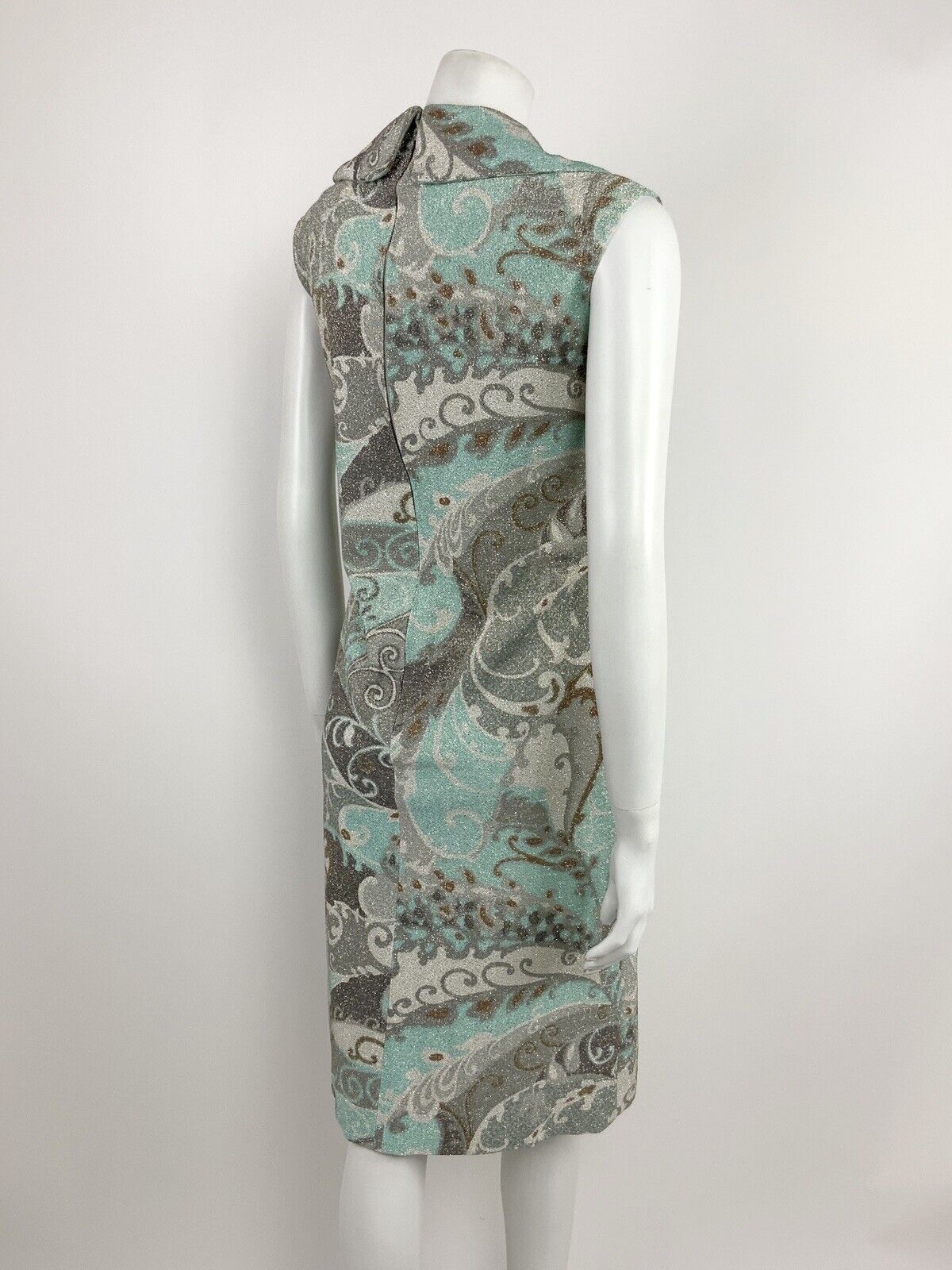 VTG 60s 70s SILVER MINT GREY WHITE GLITTER SWIRL PSYCHEDELIC COLLAR DRESS 12 14
