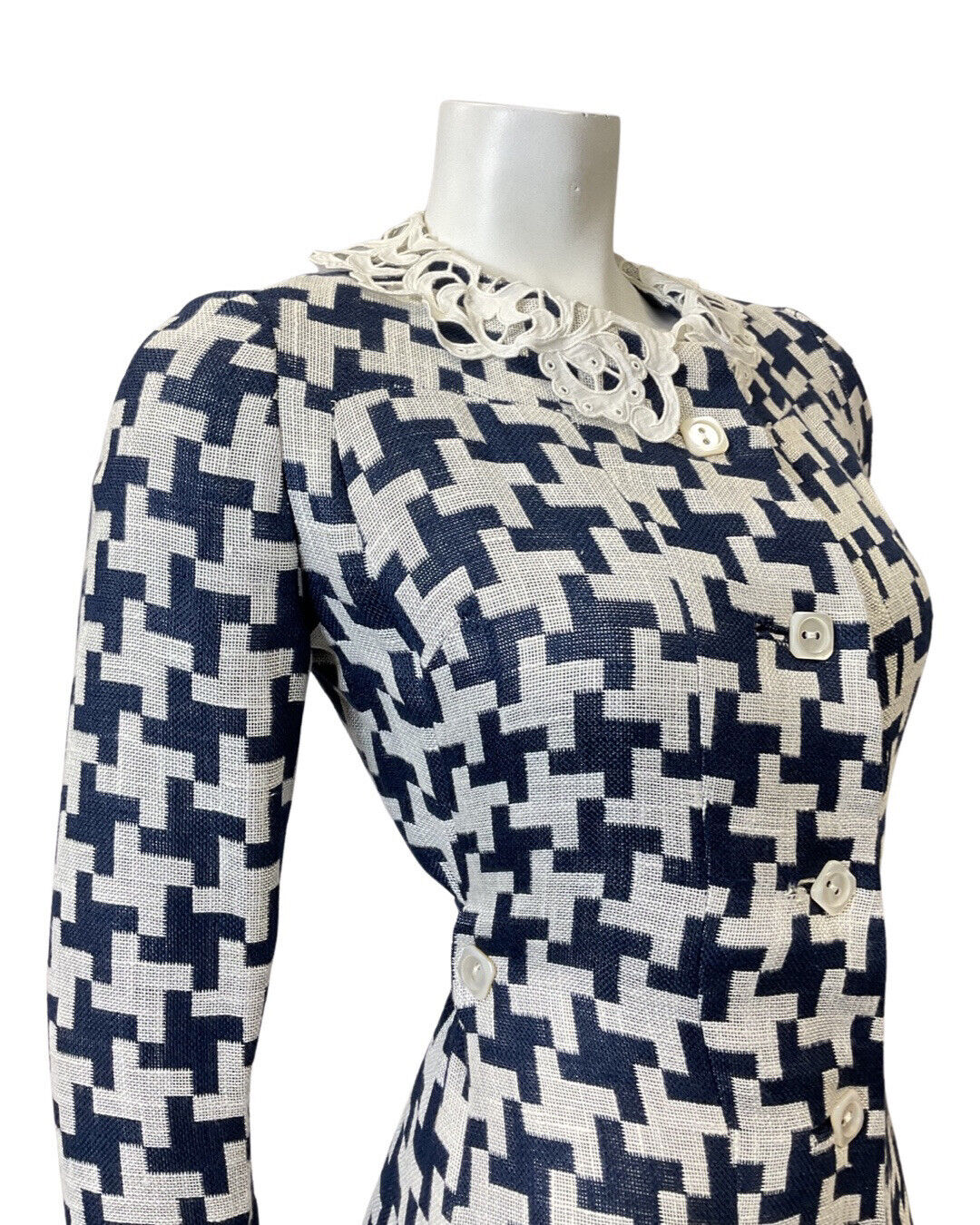 VINTAGE 70s 90s BLUE WHITE GEOMETRIC TILED LACE MOD DRESS COAT 12