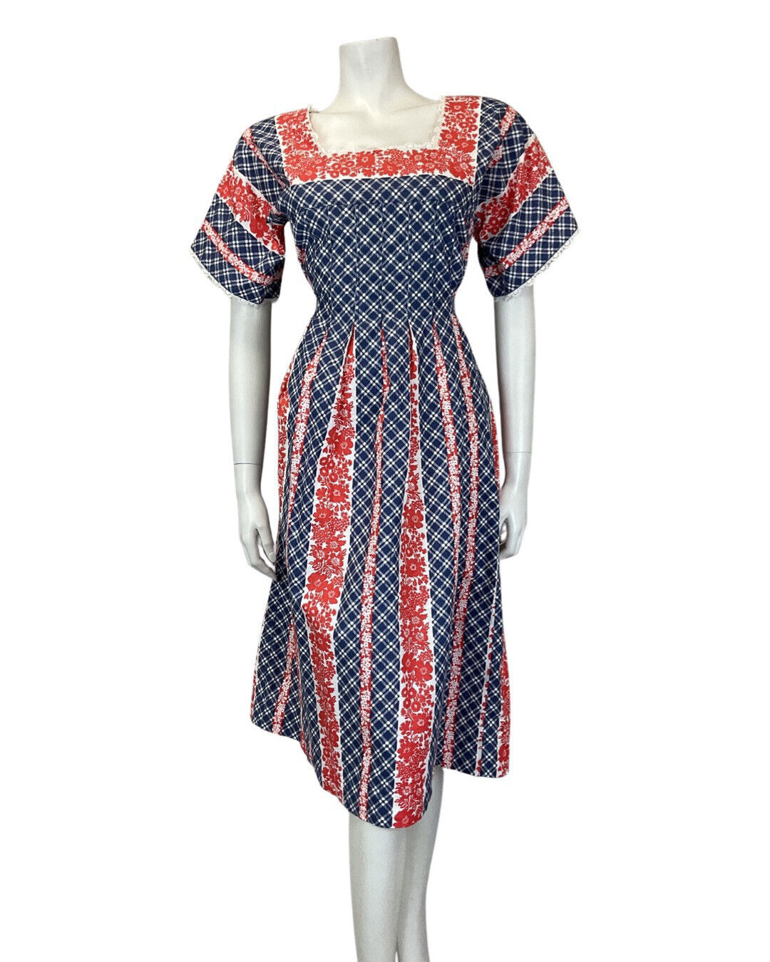 VINTAGE 60s 70s BLUE RED WHITE PLAID FLORAL PRAIRIE FOLK PLEATED FLARED DRESS 10