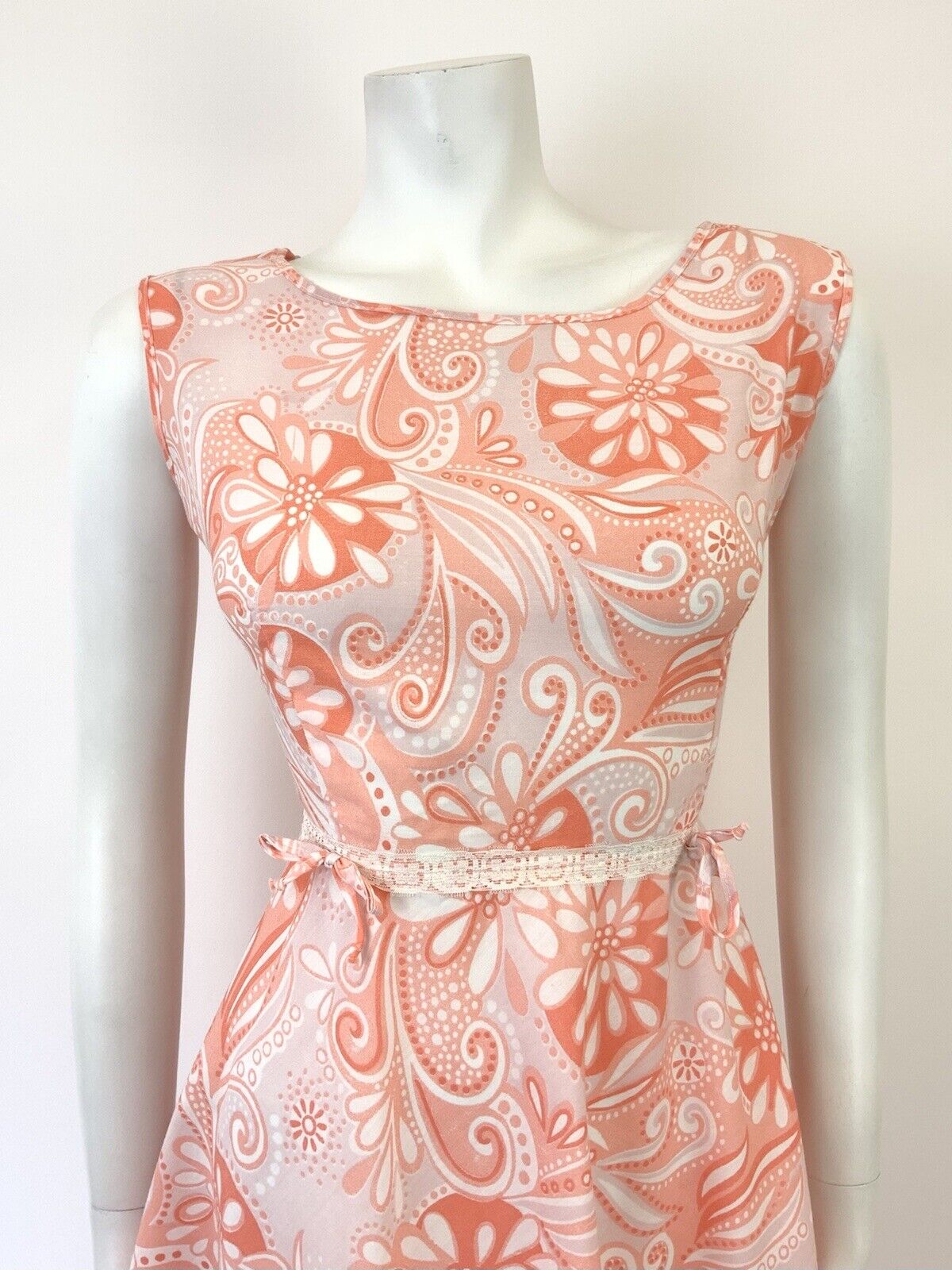 VTG 60s 70s PINK ORANGE WHITE PSYCHEDELIC FLORAL PAISLEY LACE MOD DRESS 10 12