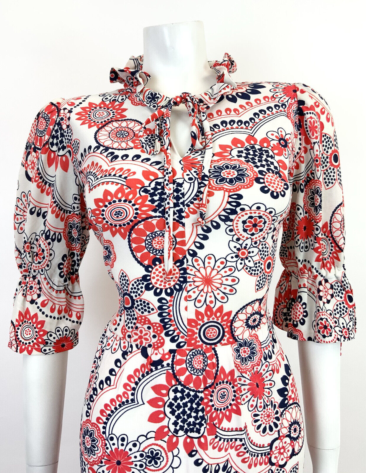 VINTAGE 60s 70s WHITE RED BLUE FLORAL MANDALA PSYCHEDELIC MOD RUFFLE DRESS 12 14