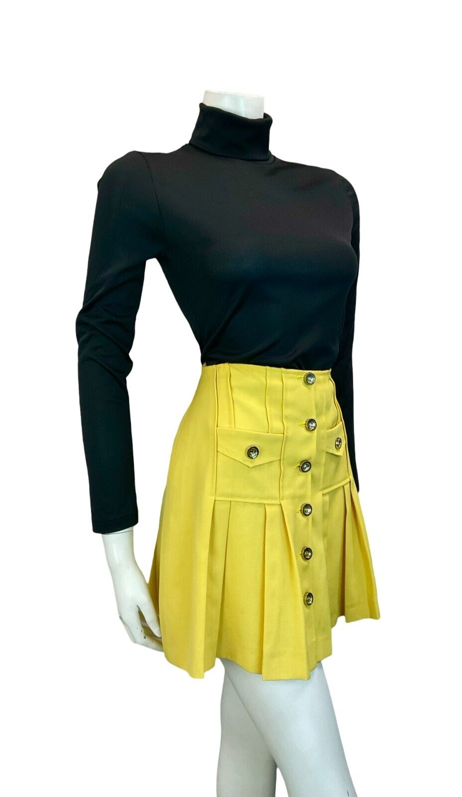 VTG 60S 70S MOD LEMON YELLOW PLEATED POCKETS MINI SKIRT SIZE 10