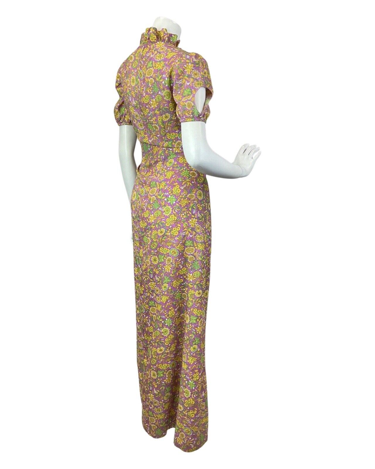 VINTAGE 60s 70s PURPLE YELLOW GREEN PSYCHEDELIC FLORAL MOD MAXI DRESS 10 12