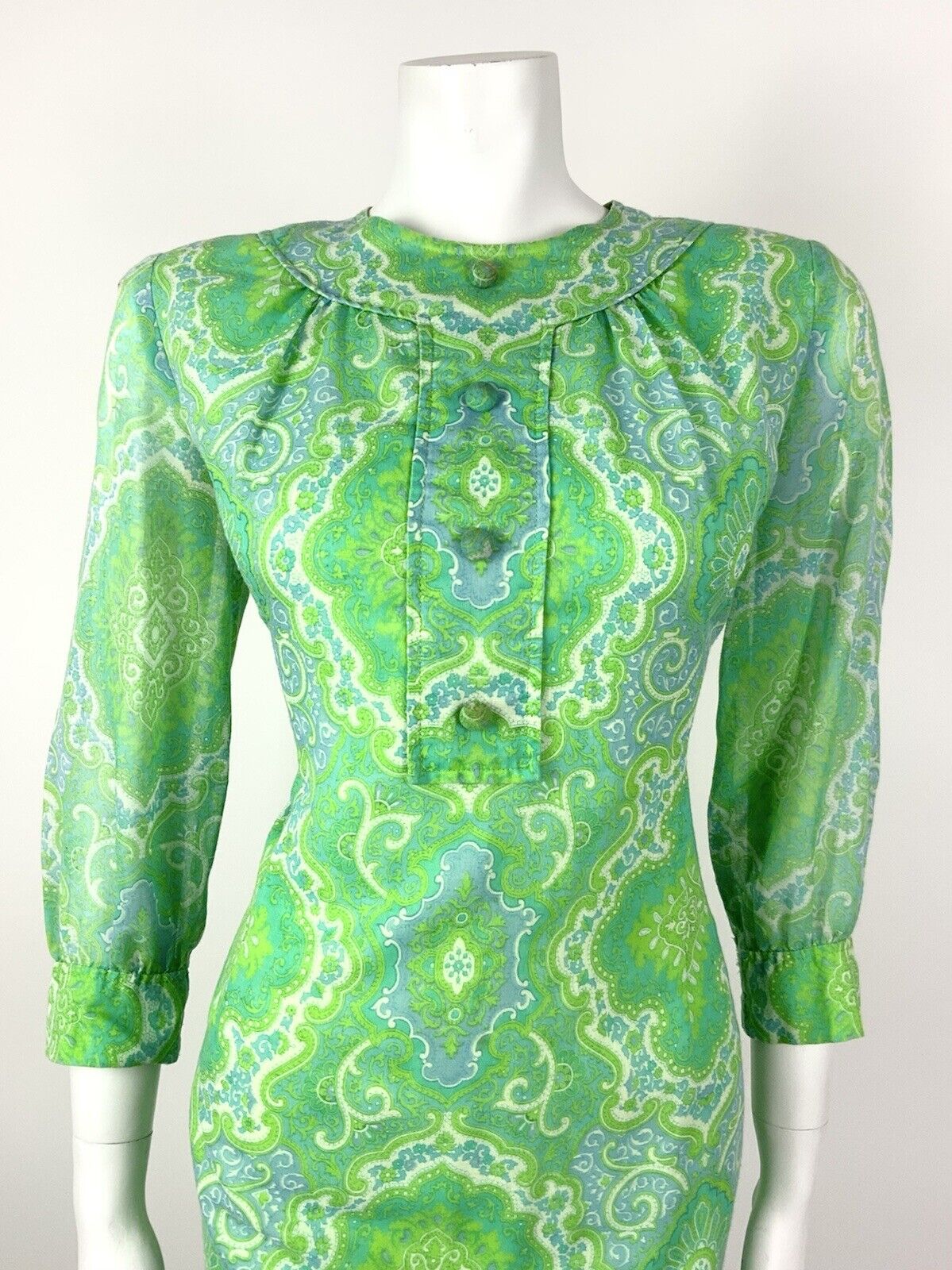VTG 60s 70s GREEN BLUE WHITE FLORAL PSYCHEDELIC DAMASK BAROQUE MOD DRESS 12 14