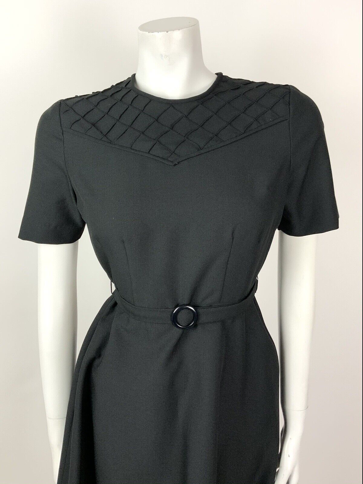 VINTAGE 60s 70s BLACK GRID CHECKED BELTED MOD SWING DRESS 10