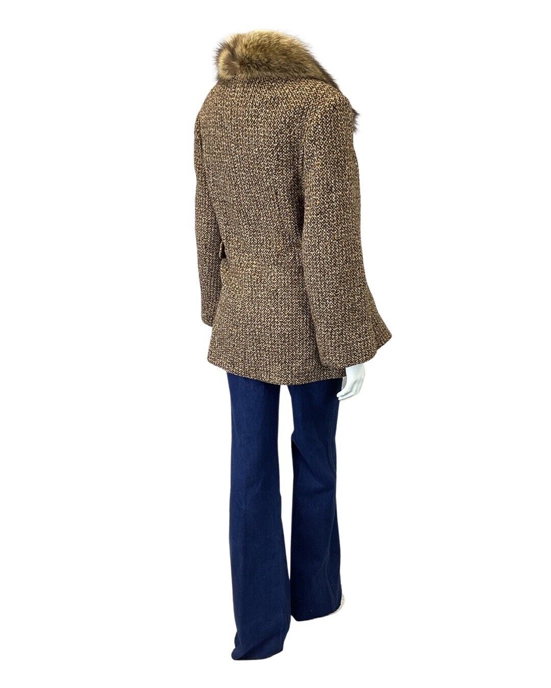VINTAGE 60s 70s BROWN CREAM TWEED BOHO MOD SHORT WOOL COAT 16 18