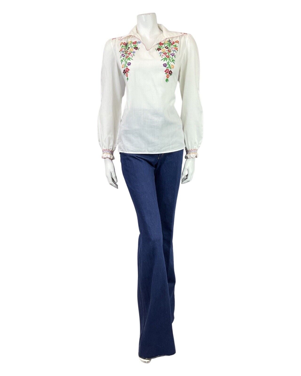 VINTAGE 60s 70s WHITE RED GREEN FLORAL VINE WING COLLAR BOHO BLOUSE 10 12