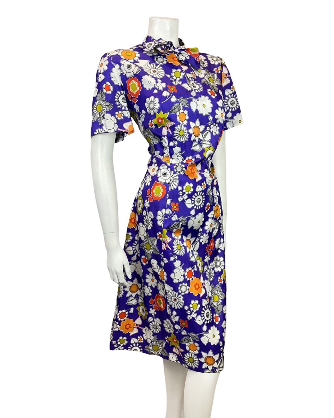 VINTAGE 60s 70s PURPLE WHITE ORANGE FLORAL DAISY PUSSYBOW MOD DRESS 14