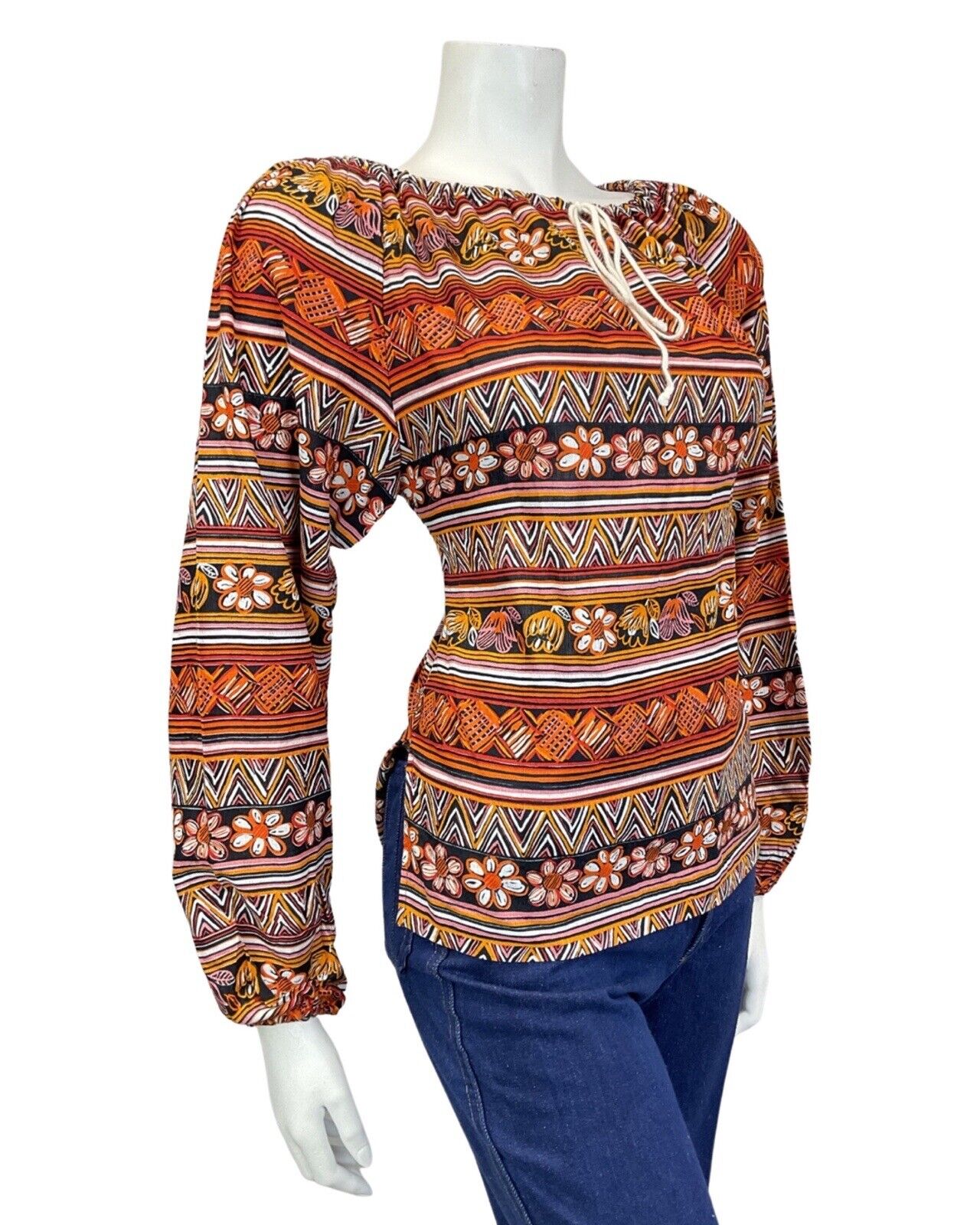 VINTAGE 70s RED YELLOW BLACK AZTEC FLORAL STRIPED BOHO LONG-SLEEVE BLOUSE 12 14