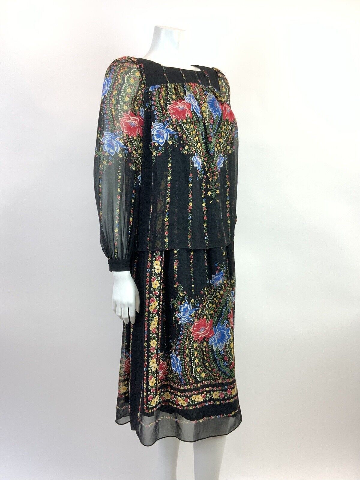 VTG 60s 70s BLACK RED BLUE FLORAL STRIPED MANDALA FOLK BOHO BLOUSON DRESS 10