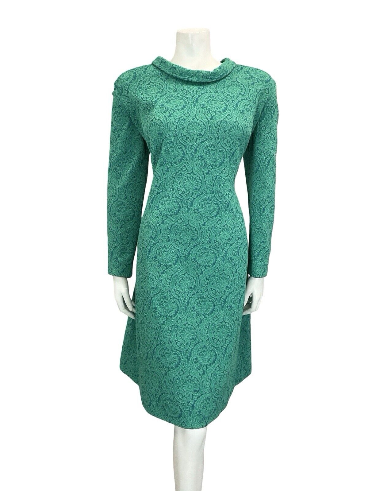 VTG 60S TEAL BLUE GREEN SPARKLY PAISLEY ROUNDED COLLAR PARTY MIDI DRESS 16