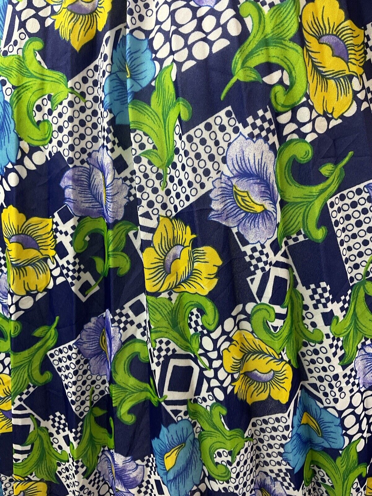 VINTAGE 70s BLUE GREEN YELLOW WHITE PSYCHEDELIC FLORAL BLOUSON SWING DRESS 10 12