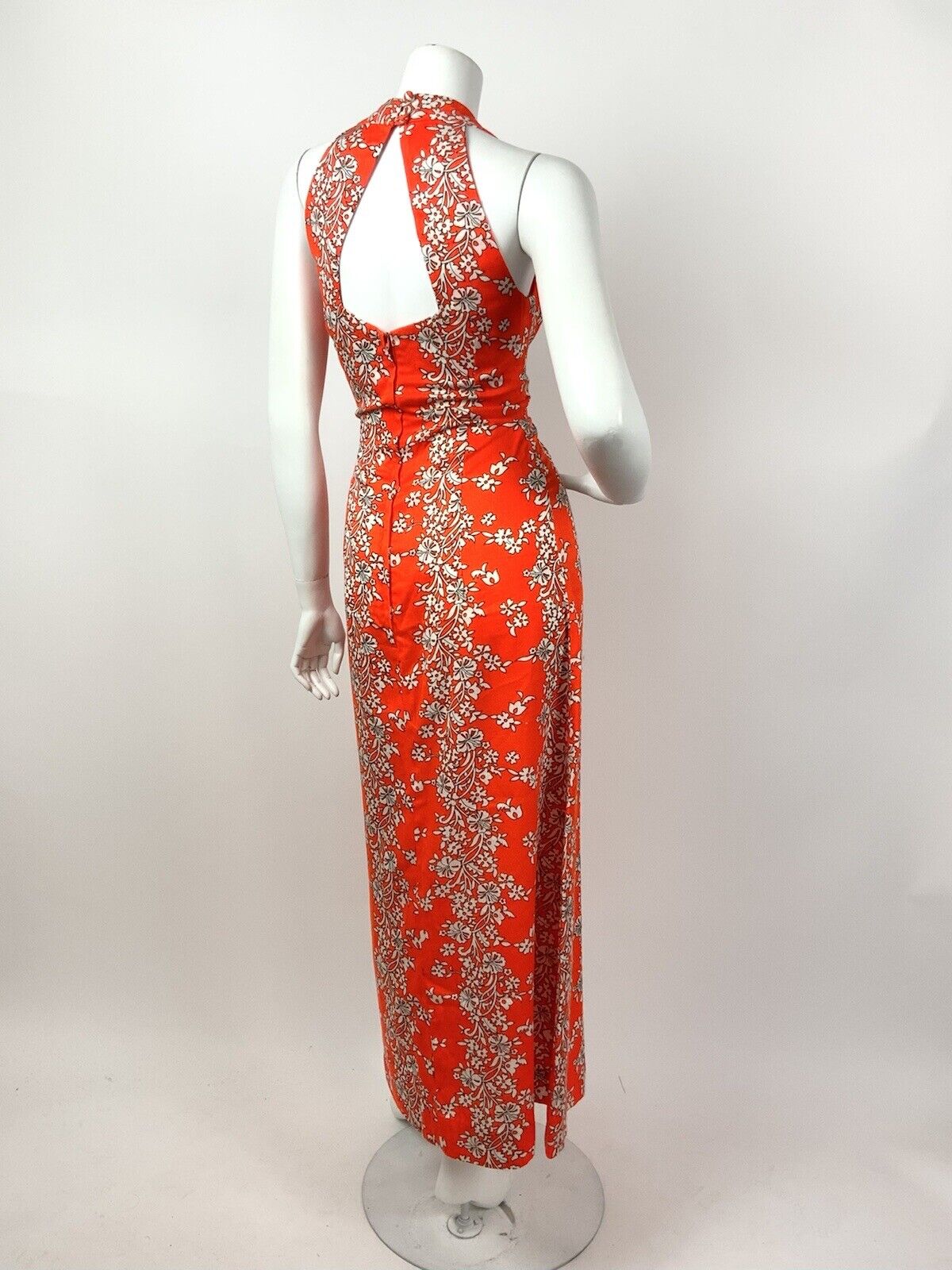 VTG 60s 70s NEON ORANGE WHITE HAWAIIAN FLORAL PLUNGING HALTER MAXI DRESS 8 10