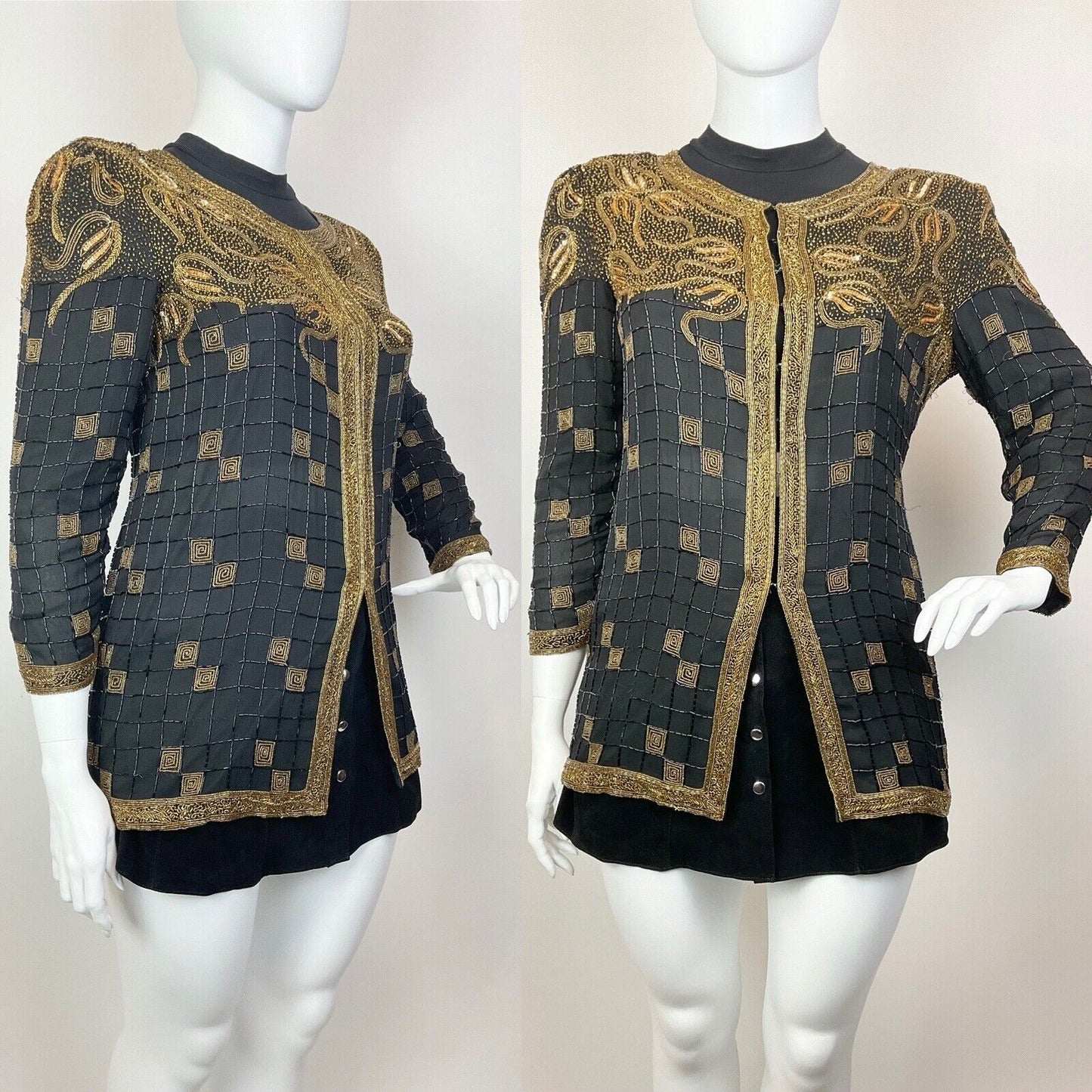 VINTAGE 70s 80s BLACK GOLD CHECKED LEAFY BEADED SEQUIN DISCO TROPHY JACKET 16 18