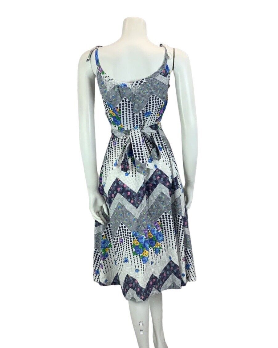 VINTAGE 60s 70s WHITE NAVY BLUE POLKA DOT FLORAL SUMMER DRESS 12
