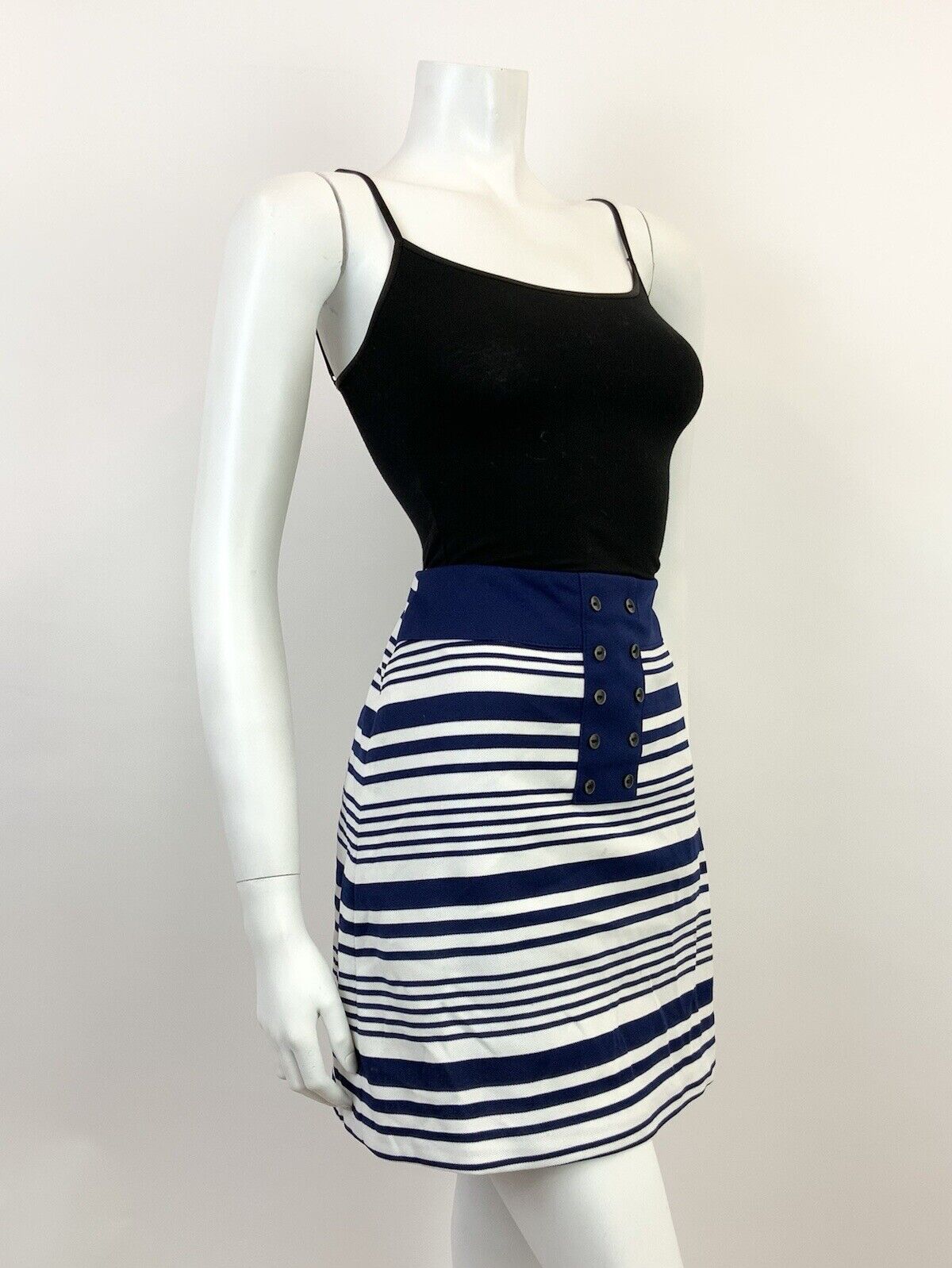 VINTAGE 60s 70s WHITE NAVY BLUE STRIPED MOD MINI SKIRT 8