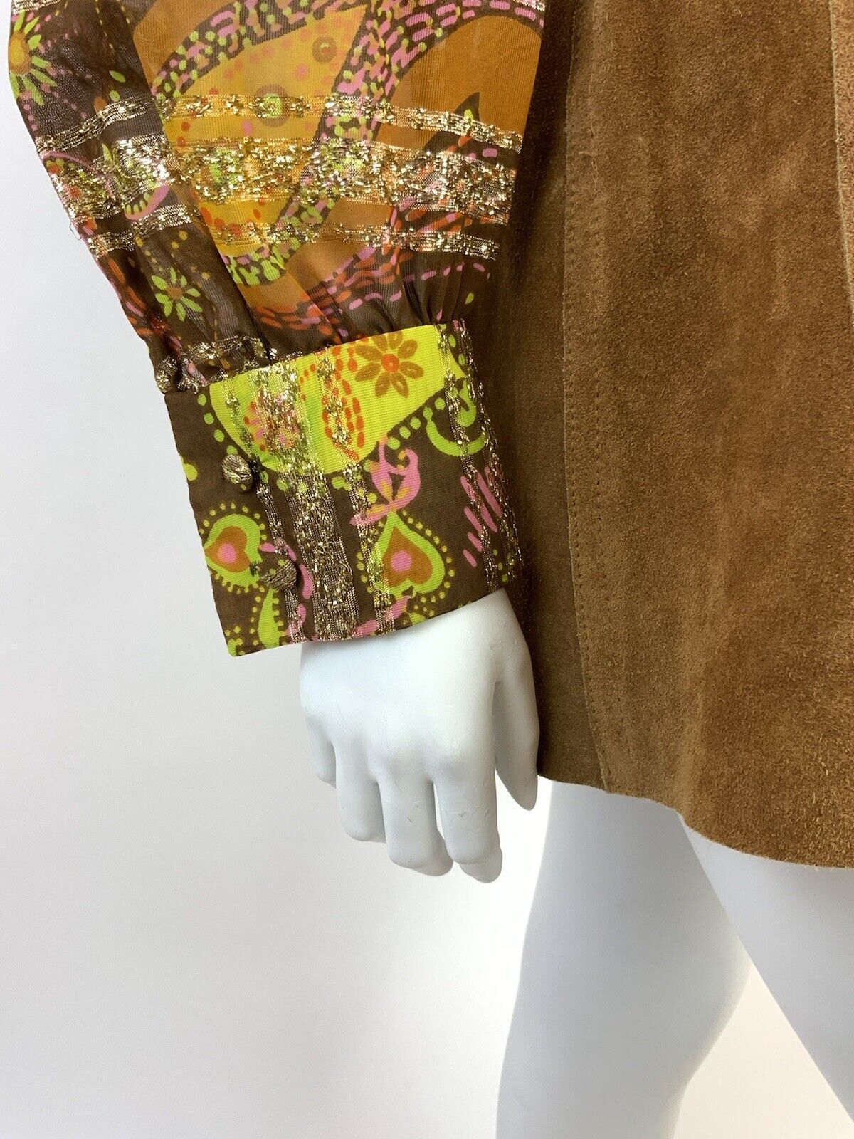 VTG 60s 70s BROWN PINK GREEN GOLD PSYCHEDELIC FLORAL STRIPED DAGGER SHIRT 14 16