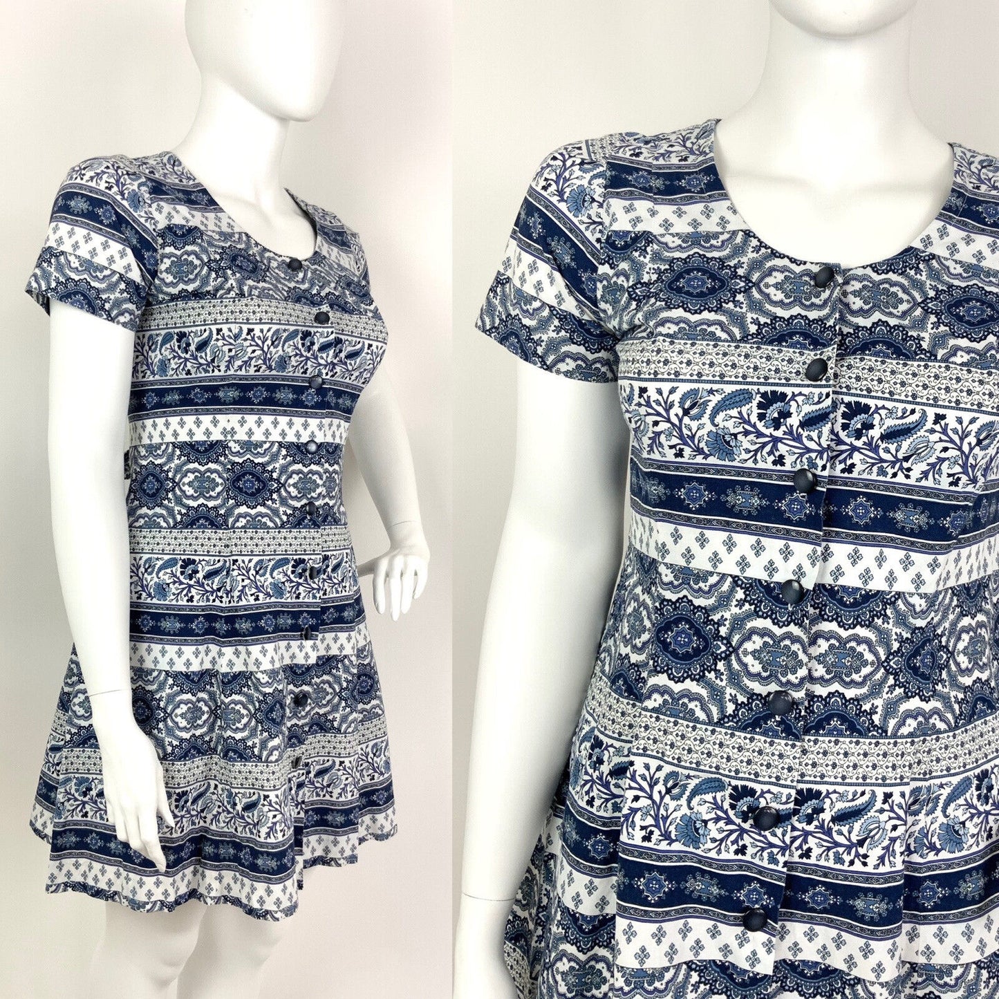 VINTAGE 60s 70s WHITE NAVY BLUE STRIPED FLORAL FOLK MOD SHORT DRESS 16