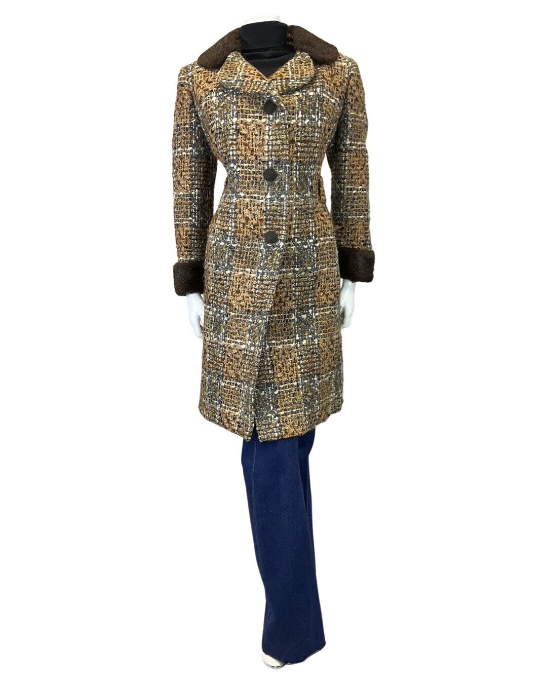 VINTAGE 60s 70s BROWN CREAM PLAID CHECKED FAUX FUR MOD WOOL COAT 16