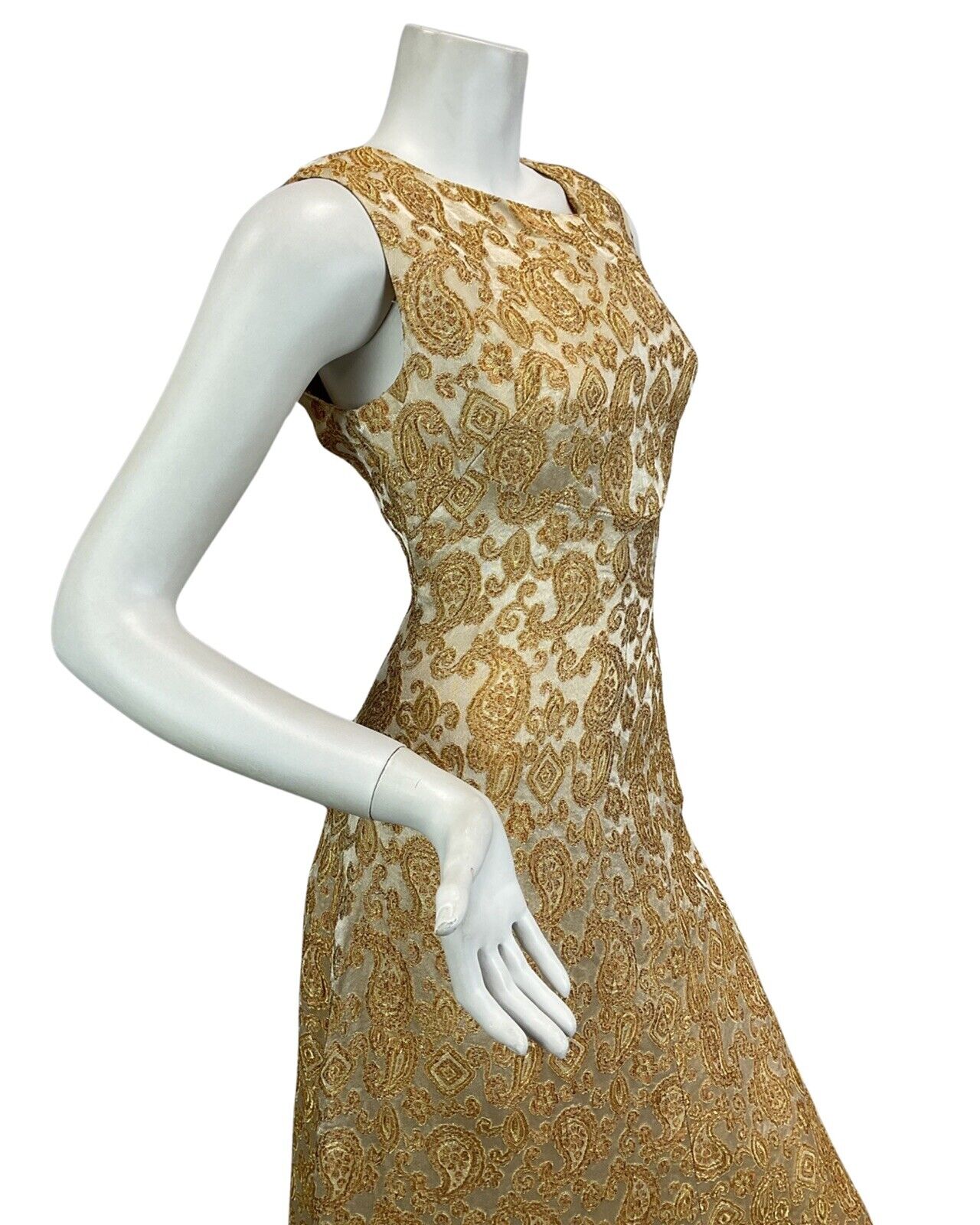 VTG 60s 70s GOLD BRONZE PAISLEY PRINT EMBROIDERED BOHO PARTY MAXI DRESS 10 12