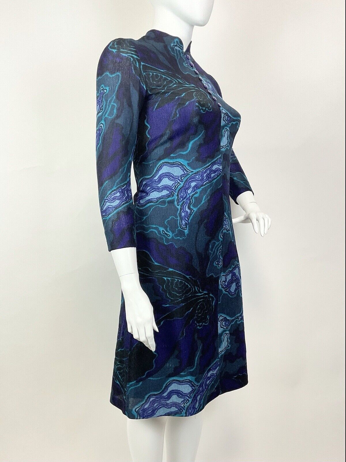 VINTAGE 60s 70s BLUE PURPLE BLACK PSYCHEDELIC GEODE MOD MANDARIN COLLAR DRESS 16