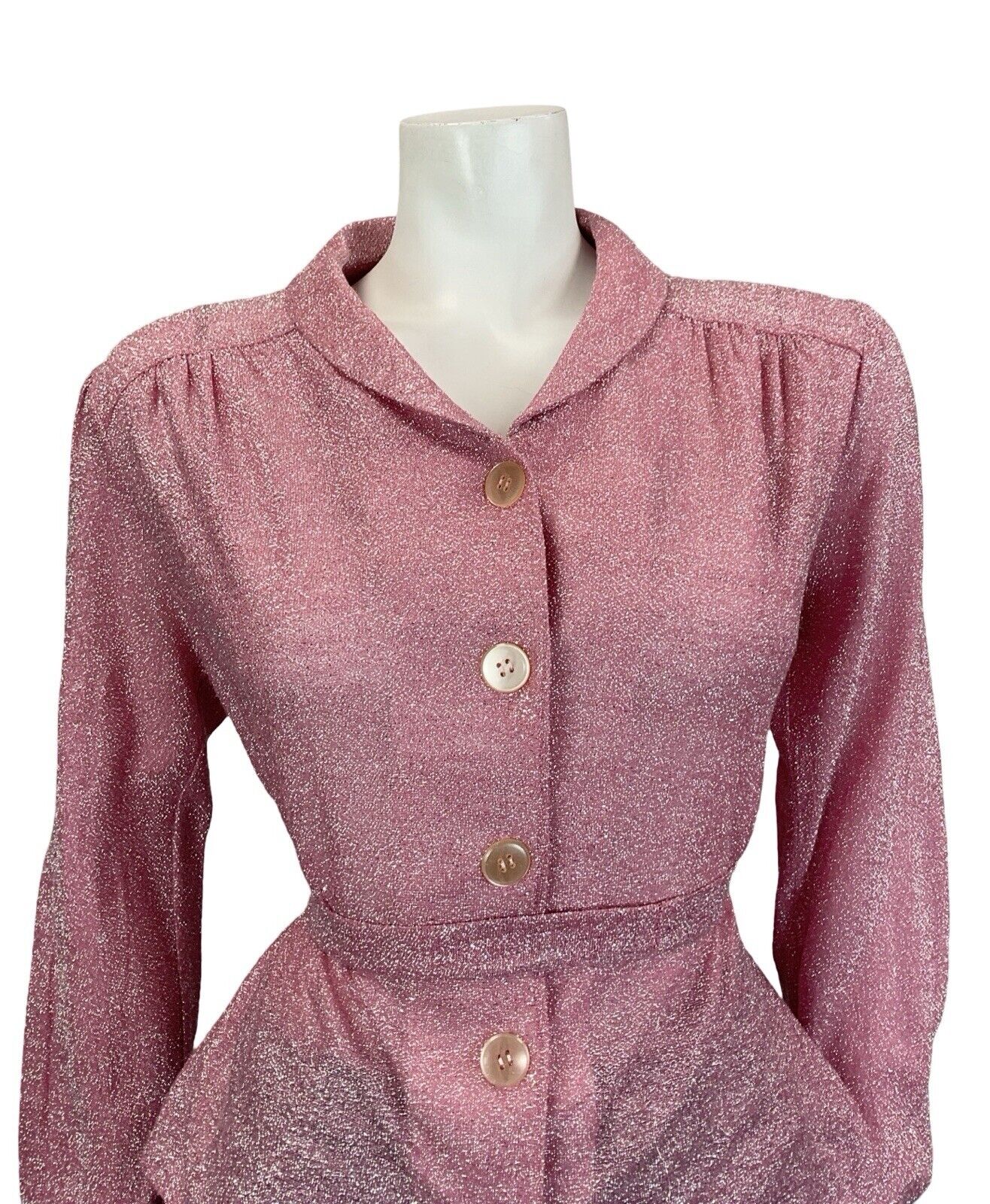 VTG 60S 70S SAILOR COLLAR PINK LUREX BUTTON DOWN TIE WAIST PARTY SHIRT 12 14 M