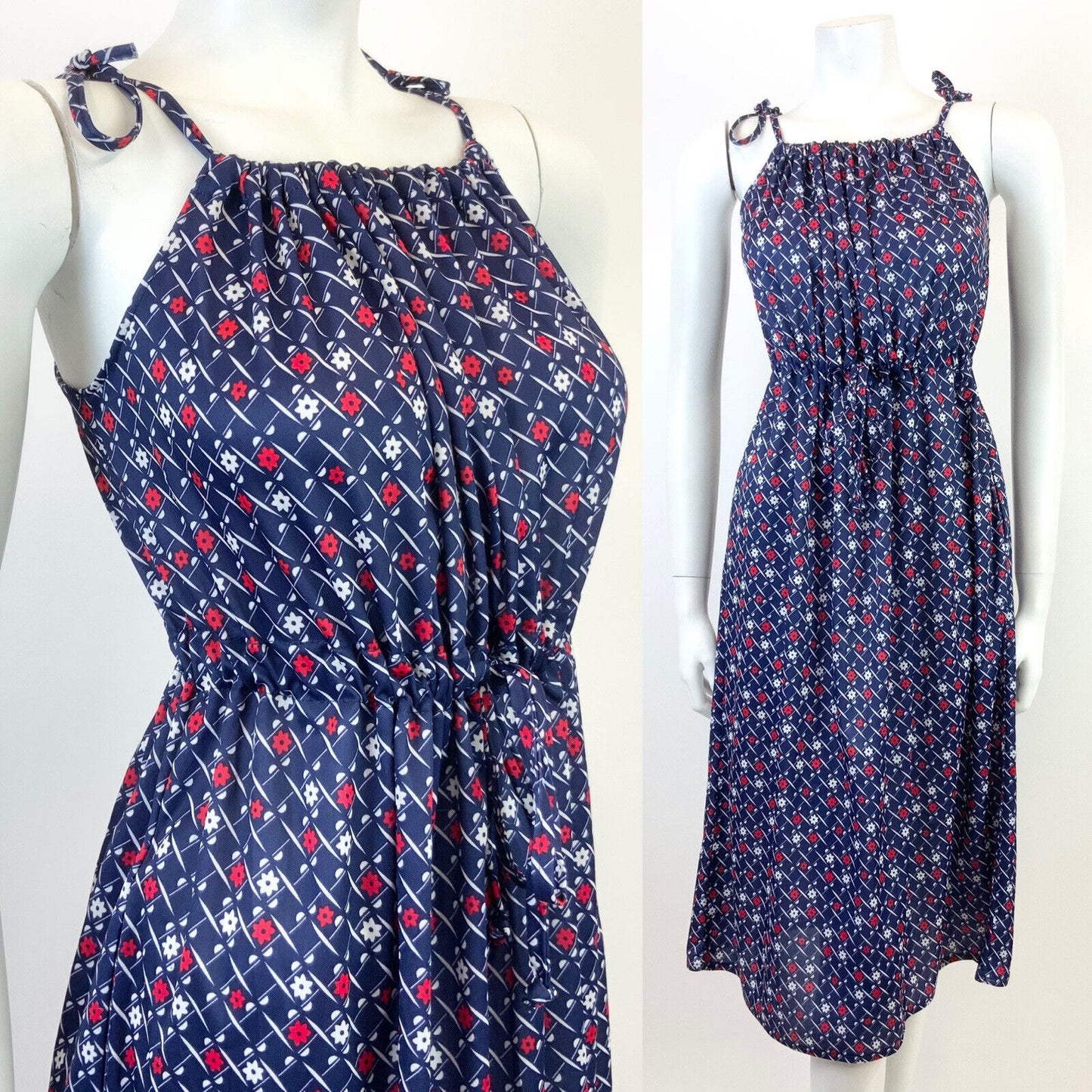 VINTAGE 70s 80s BLUE WHITE RED CHECKED GRID FLORAL STRAPPY MOD SUN DRESS 10 12