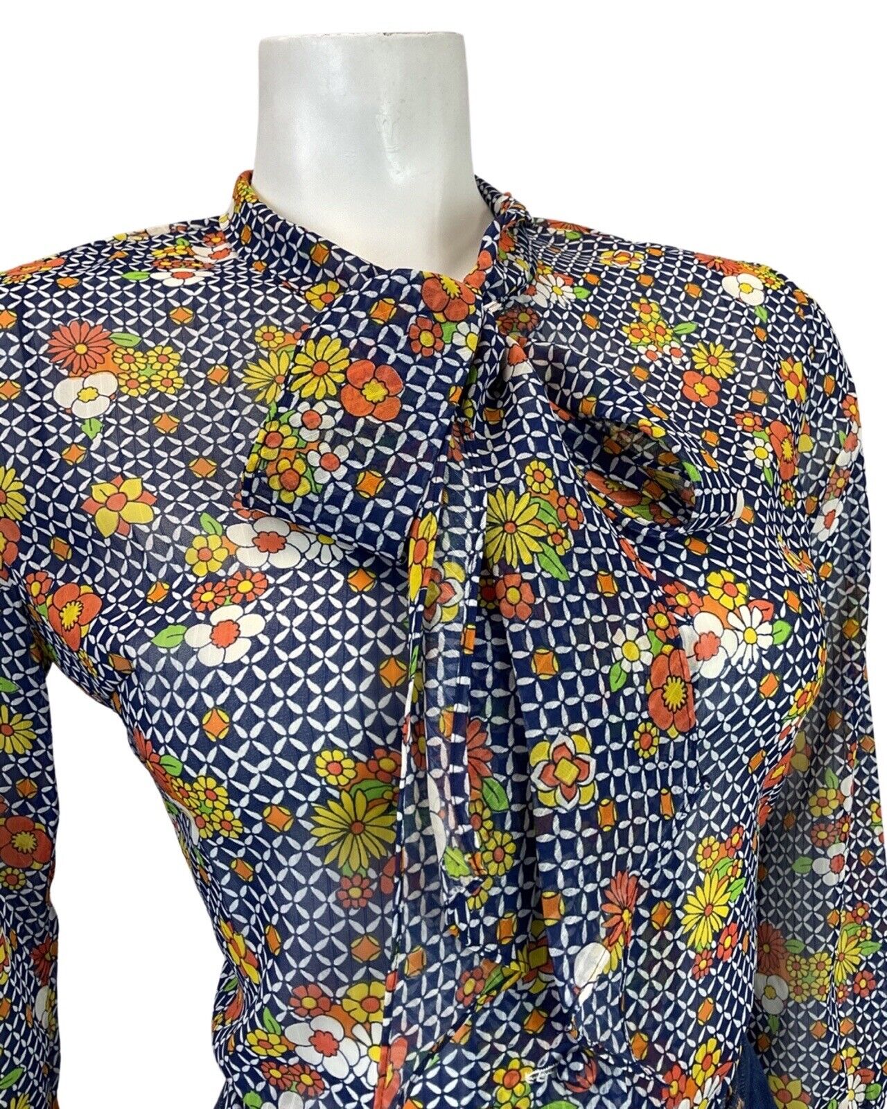 VINTAGE 60s 70s BLUE WHITE ORANGE CHECKED FLORAL PUSSYBOW SHEER BLOUSE 10 12