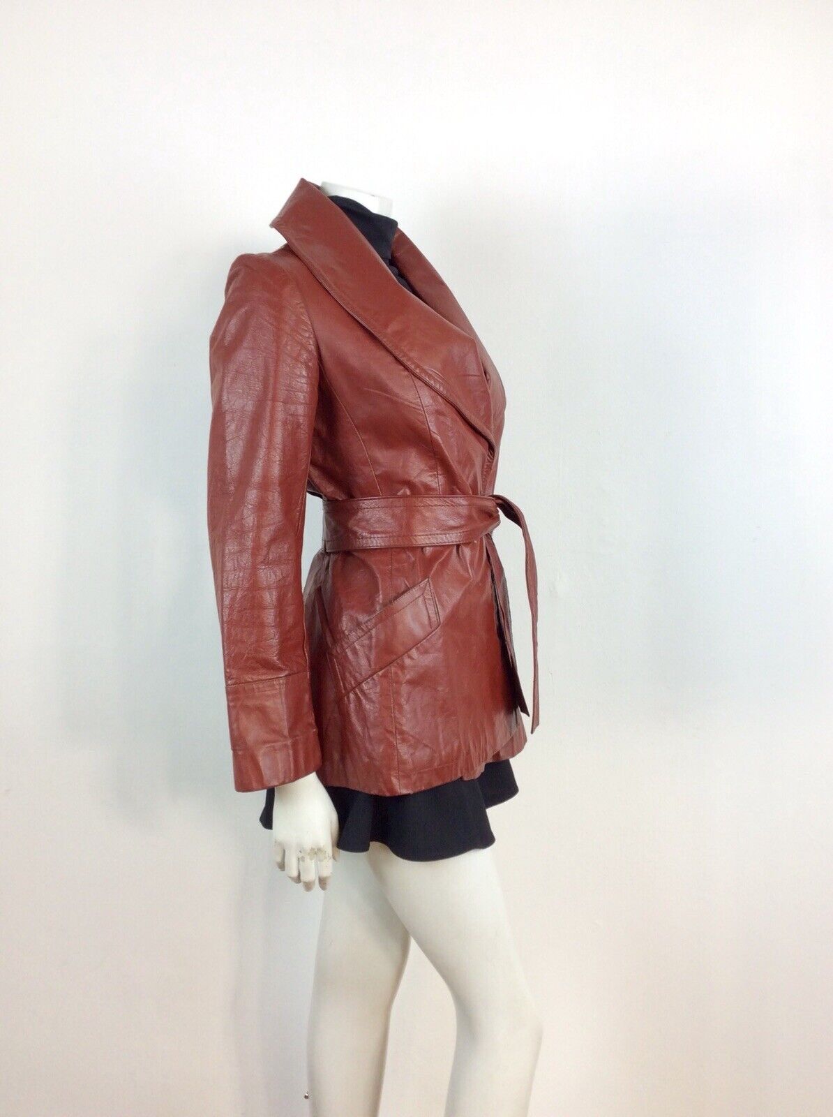CLASSIC TRUE VINTAGE 60s 70s BROWN BURGUNDY WINE LEATHER WRAP JACKET 8 10 12