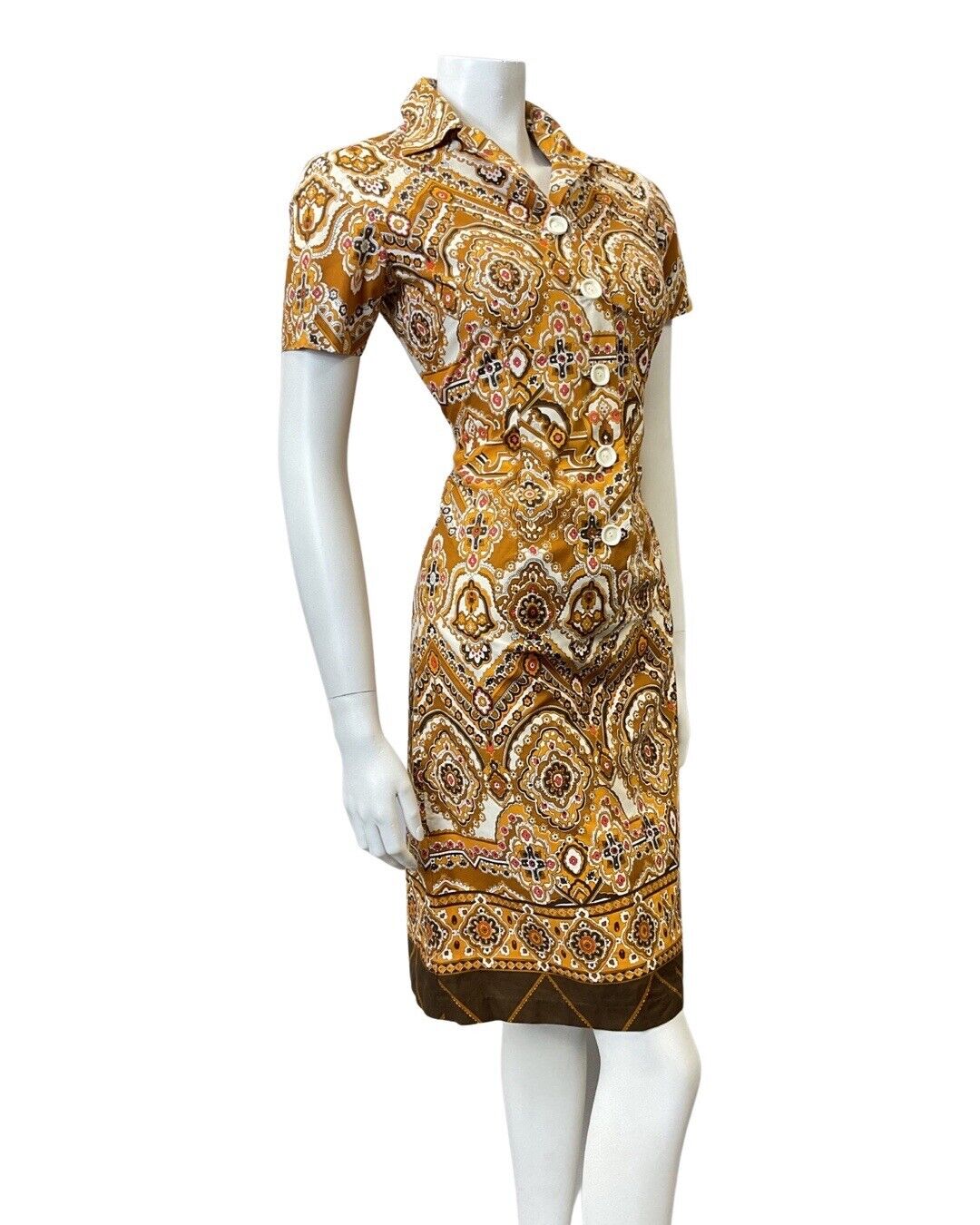 VINTAGE 60s 70s BROWN YELLOW WHITE FLORAL MANDALA BOHO MOD SHIRT DRESS 10