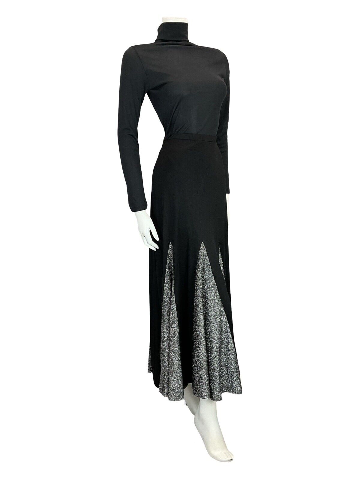 VTG 70S BLACK CHARCOAL SILVER LUREX DART DISCO TWIRL FLARE MIDI SKIRT S 8 10