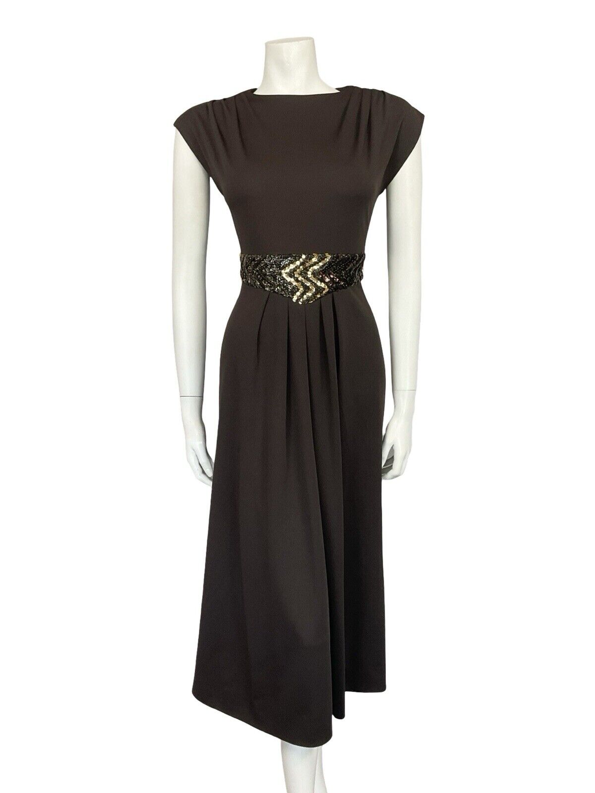 VTG 60S 70S BROWN GOLD SEQUIN BAND PLEATED TUNIC MOD PARTY MIDI DRESS 8