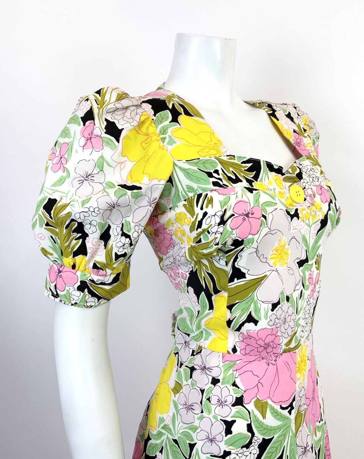 VINTAGE 60s 70s WHITE GREEN PINK BLACK FLORAL PUFF SLEEVE MOD SWING DRESS 10 12