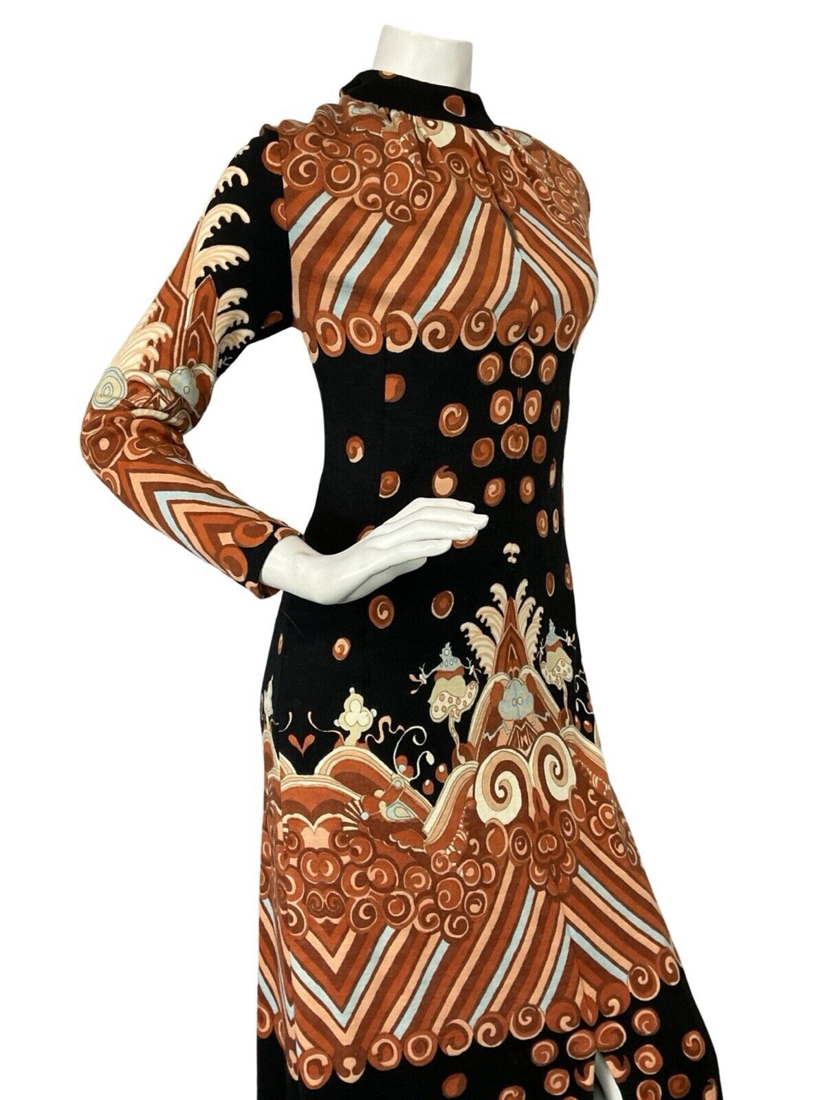 VTG 60S 70S ORANGE BLUE BLACK PSYCHEDELIC HIPPY KEYHOLE PARTY MAXI DRESS S 8 10