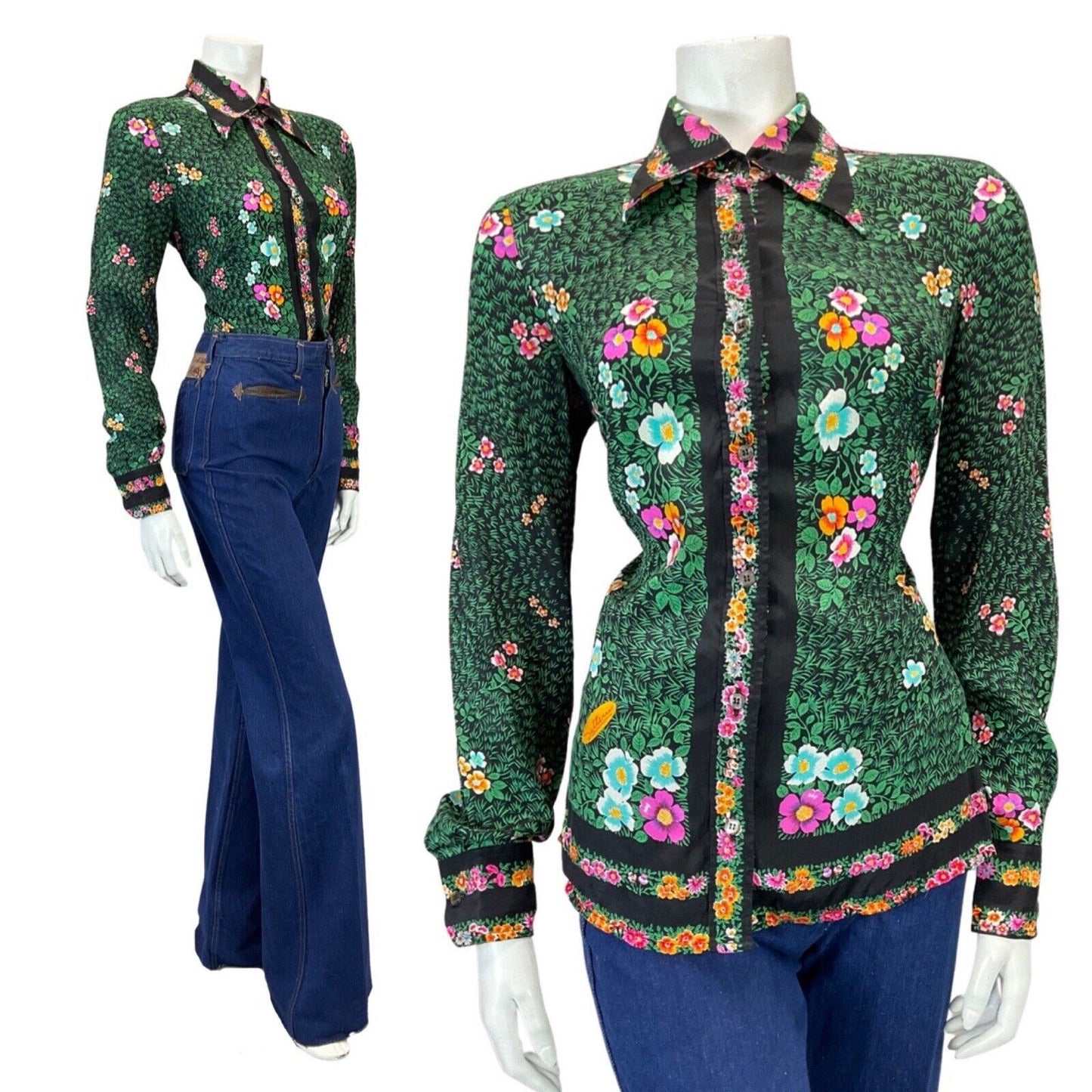 VINTAGE 70s 90s GREEN BLACK PINK LEAFY FLOWER GARDEN DAGGER COLLAR BLOUSE 12 14
