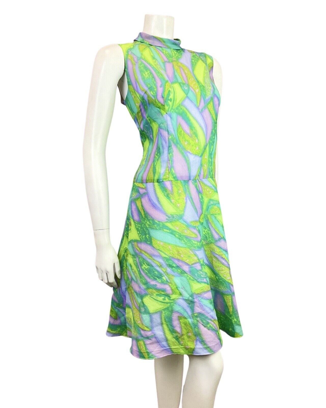 VINTAGE 60s 70s GREEN PURPLE BLUE PSYCHEDELIC SWIRL MOD SLEEVELESS DRESS 12 14